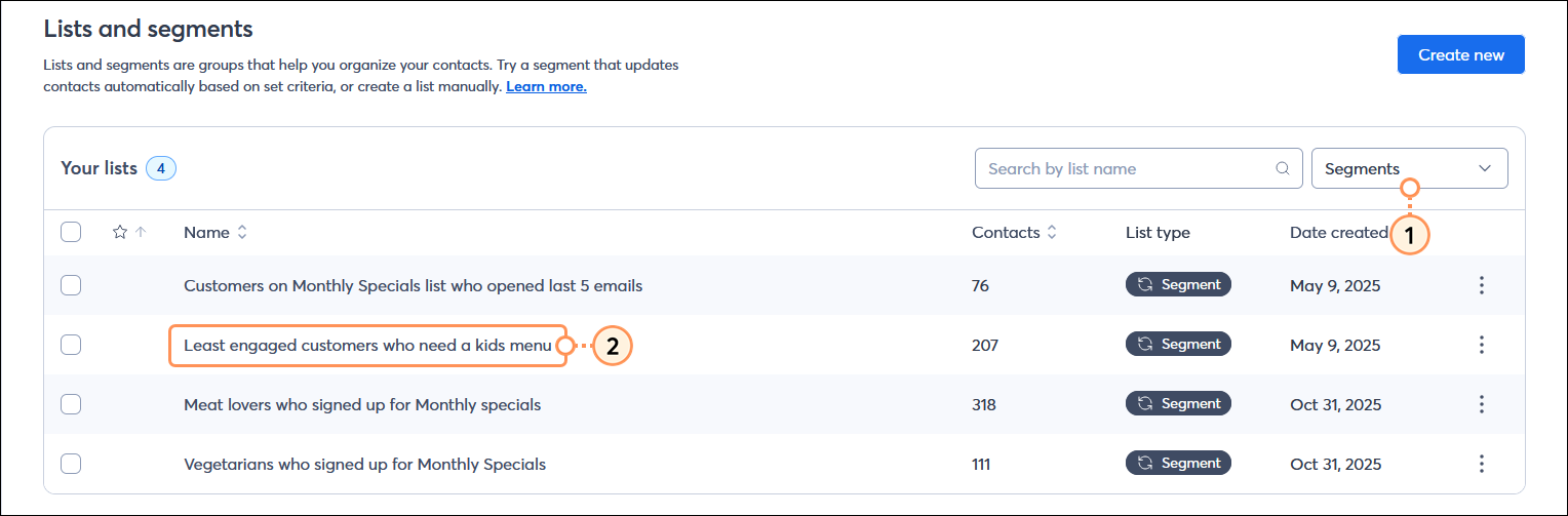 Página Lists and segments (Listas y segmentos) con el menú List type (Tipo de lista) y la opción Segments (Segmentos) seleccionada, tabla Your lists (Sus listas) y nombre del segmento