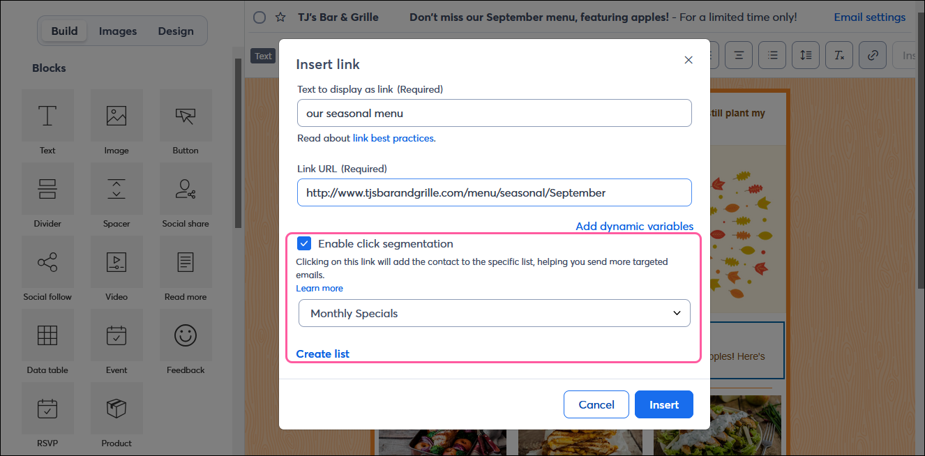 Insert link overlay with click segmentation enabled and list selected
