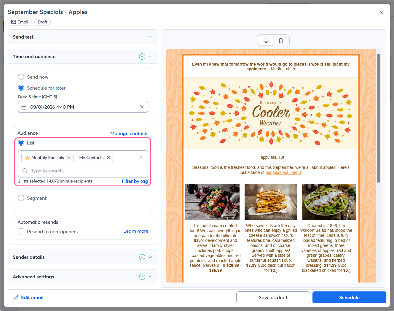 Email Schedule page with Audience section expanded and List option selected, and multiple lists selected