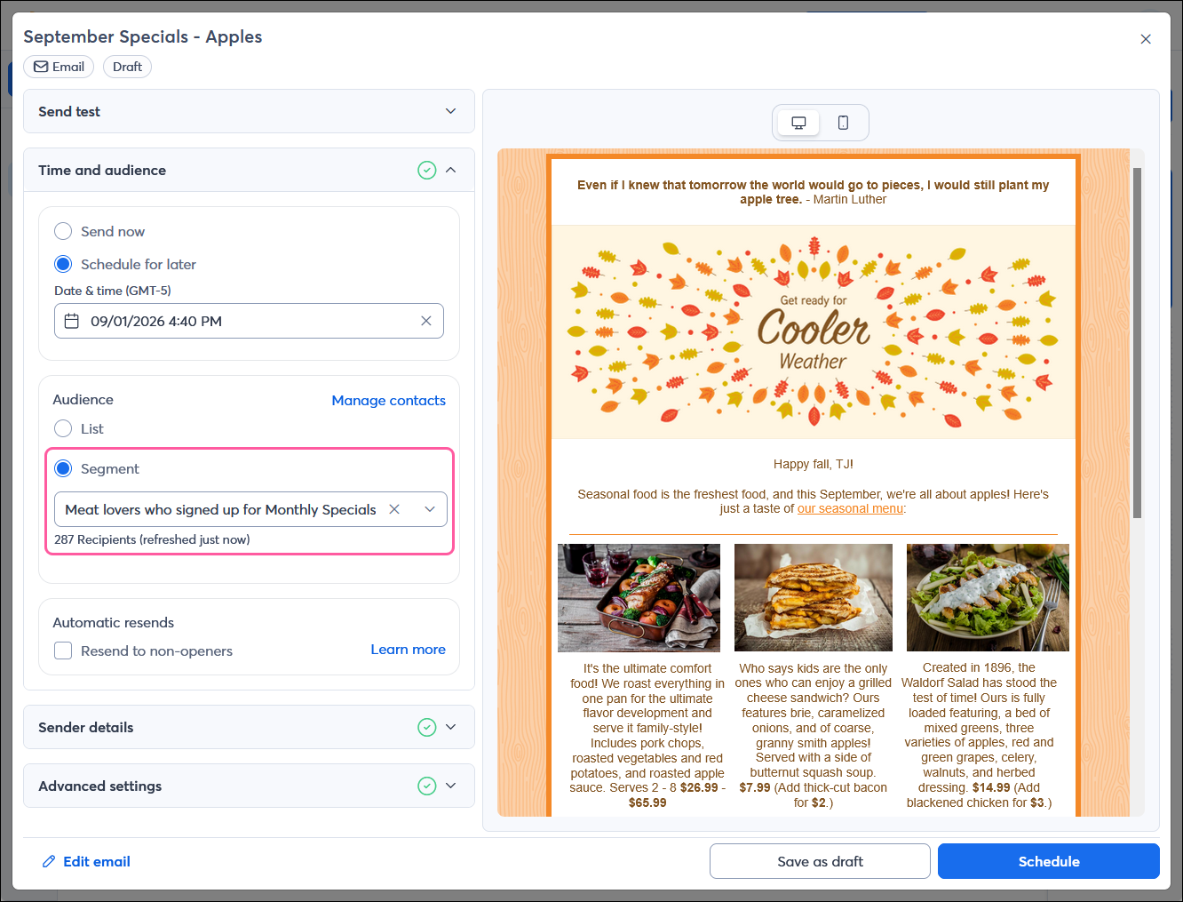 Email Schedule page with Audience section expanded and Segment option selected, and segment selected with Recipient count