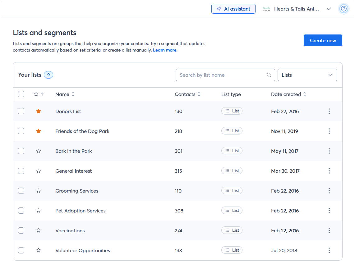 Contacts tab, Lists tab selected, and multiple lists with favorites