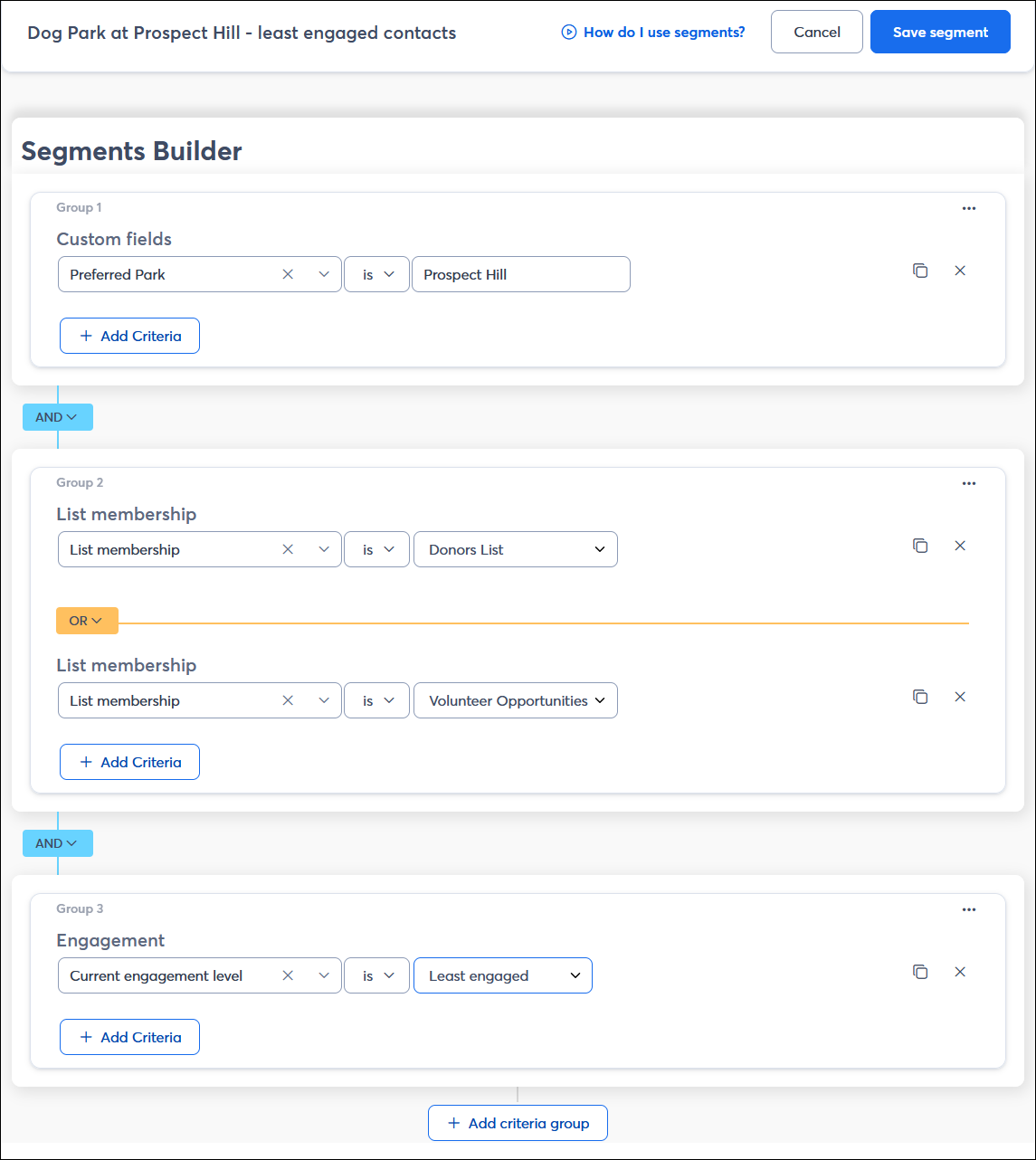 Segments Builder with Custom field, List membership, and Engagement criteria 