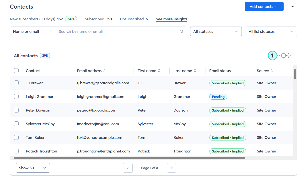Contacts page with All contacts table and Settings button