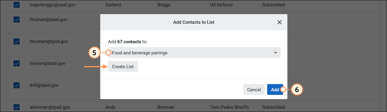 Add Contacts to List overlay with Select a list drop-down menu and list selected, Create List button, and Add button
