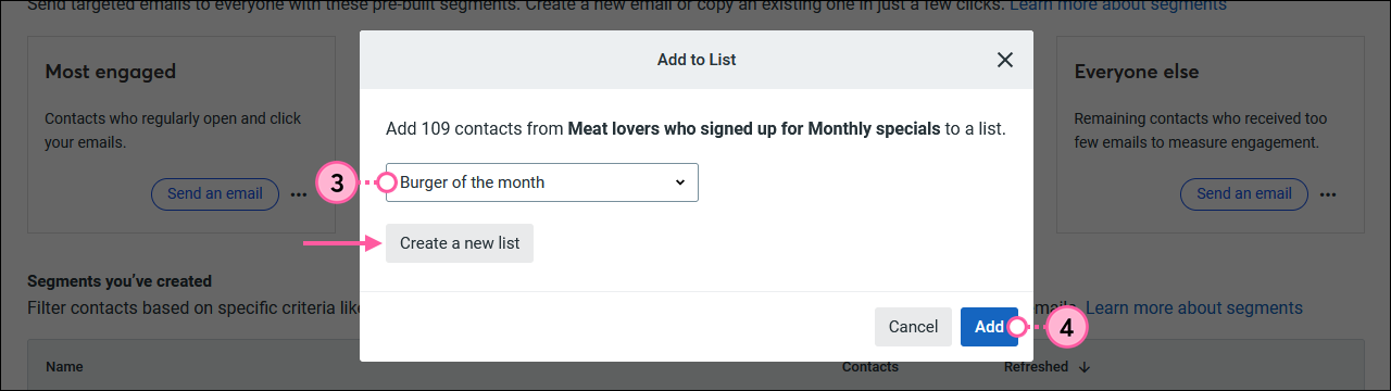 Add to List overlay, List drop-down menu, and Add button