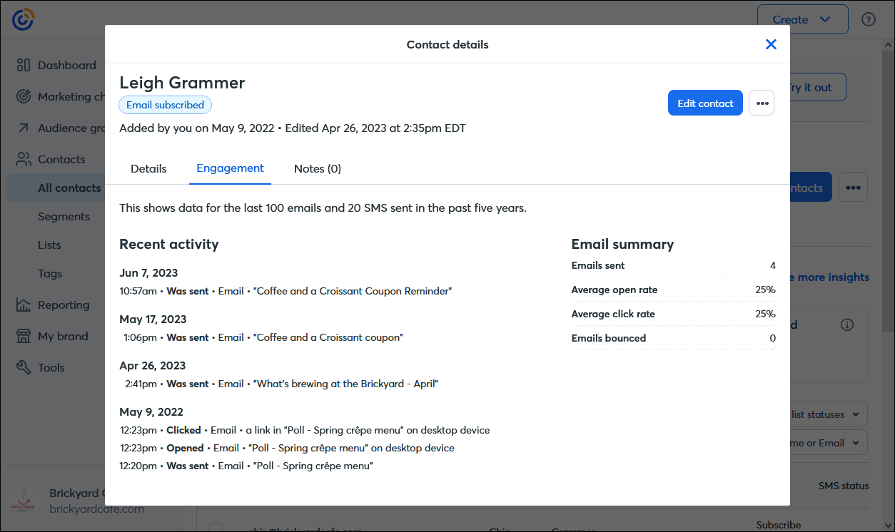 Contact Details overlay with Engagement tab selected, and Recent activity and Email summary