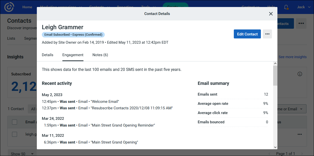Overlay „Contact Details“ (Kontaktdaten) mit ausgewähltem Tab Engagement und Zusammenfassung der letzten Aktivitäten und E-Mails