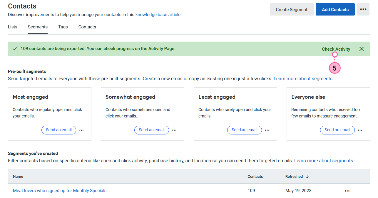 Contacts tab, Segments tab selected, contacts being exported message and Check Activity button