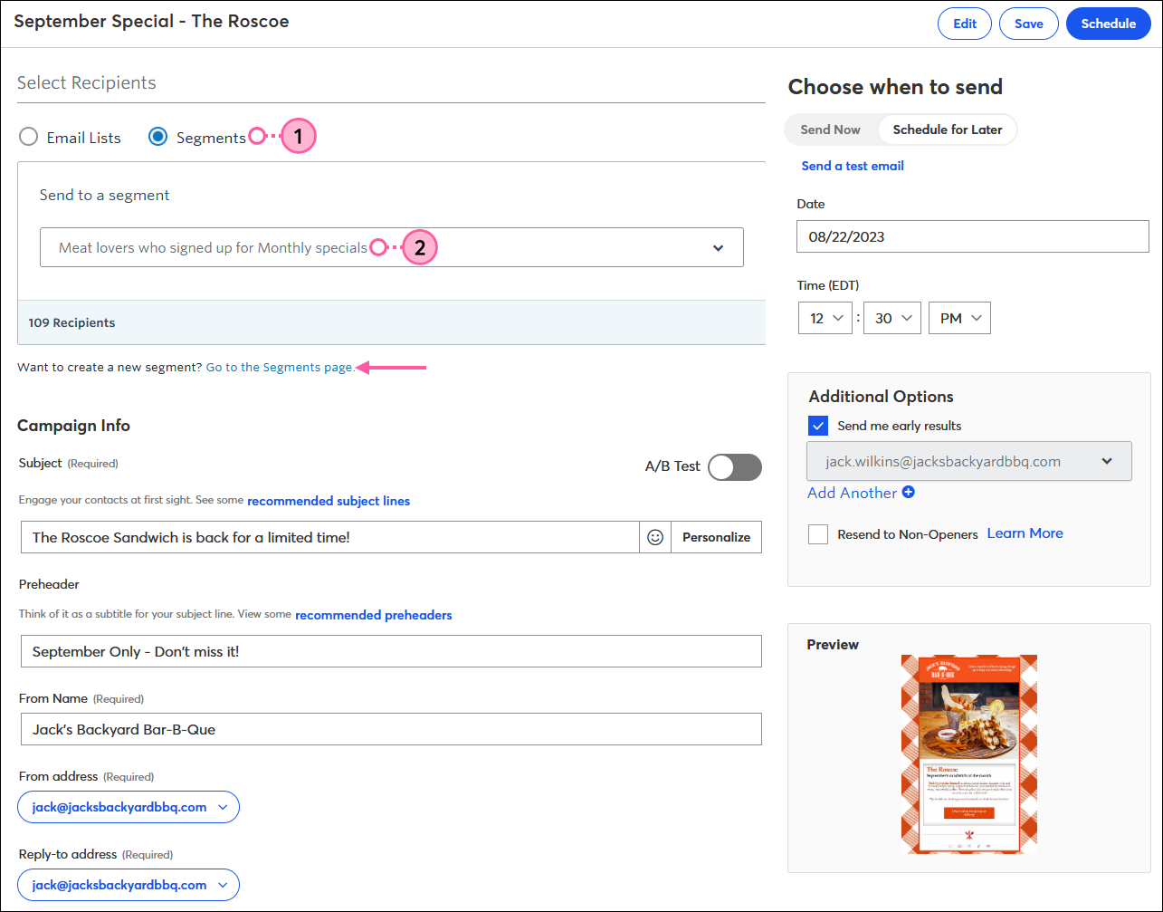 Email Schedule page with Select Recipients section and Segments option selected, Segment drop-down menu, and Go to the Segments page link