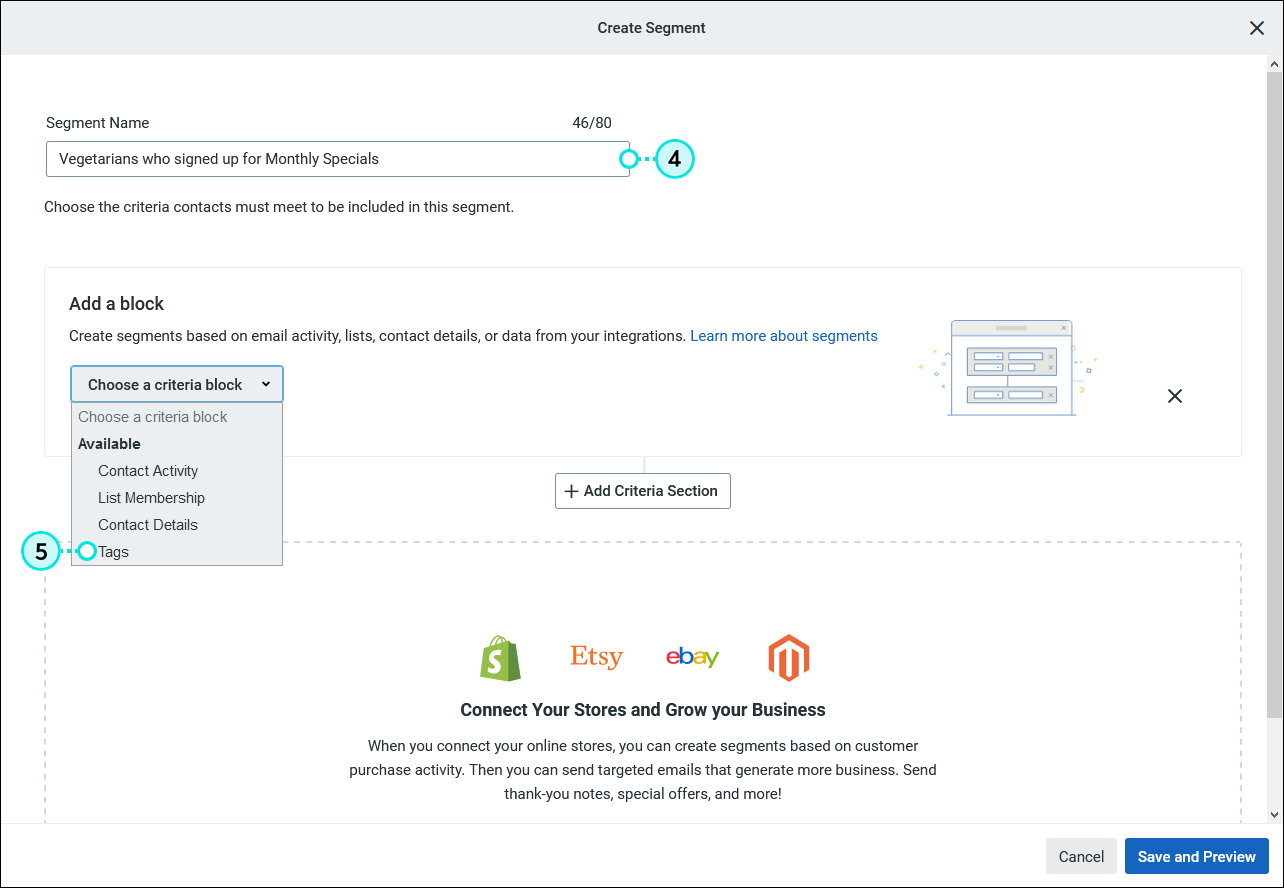 Filter contacts by tags to create a custom segment