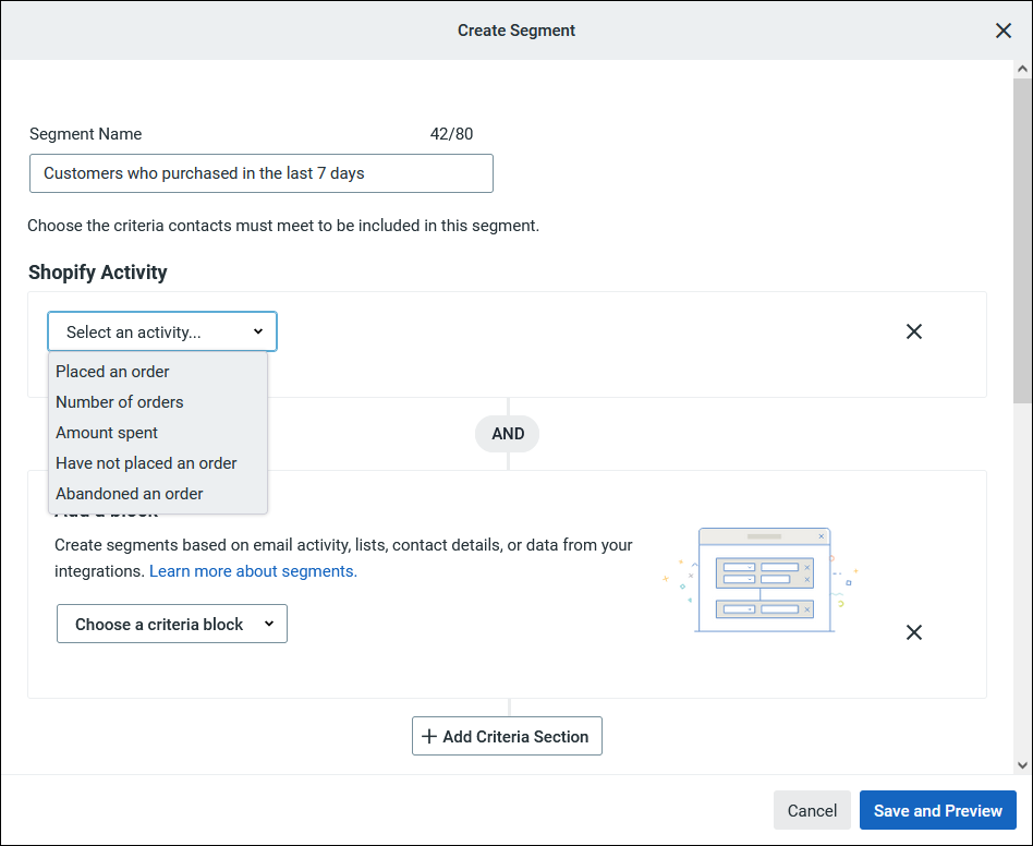 Creador de segmentos con opciones de criterios de actividad de Shopify