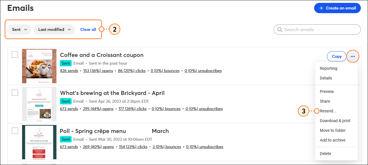 Emails page with Status menu and Sent option selected, sent emails and email menu expanded with Resend... option selected