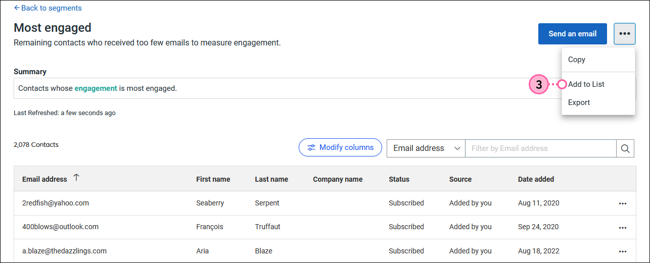 Most engaged segment view with drop-down menu expanded and Add to List option