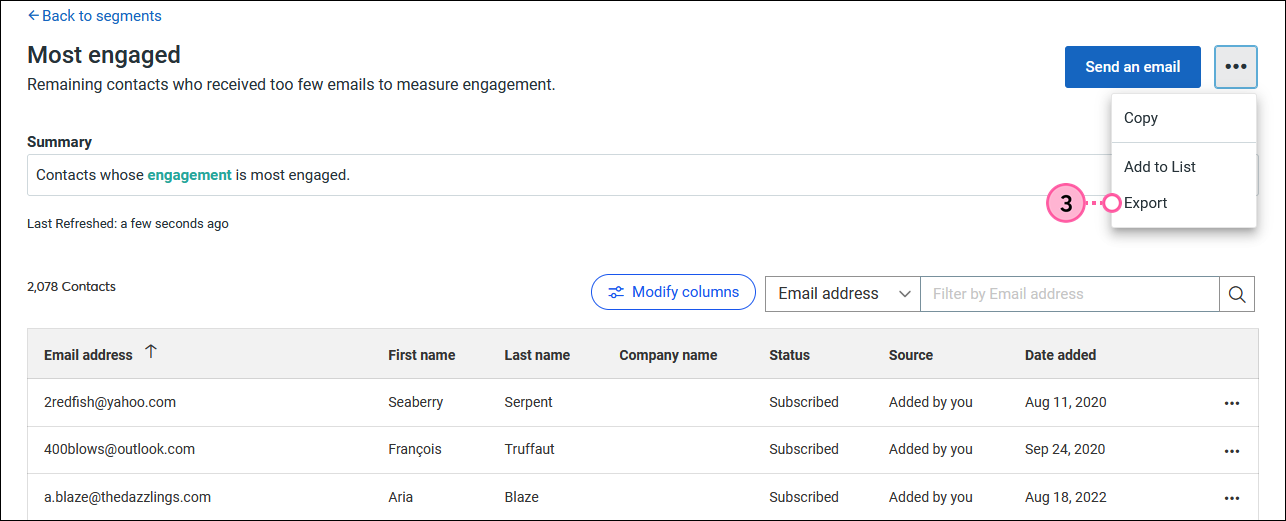 Most engaged segment view with drop-down menu expanded and Export option seected