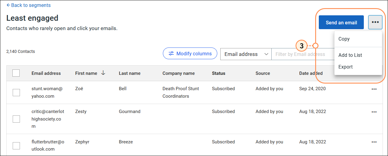 Least engaged segment view with Send an email button and menu expanded with Copy, Add to List, and Export options