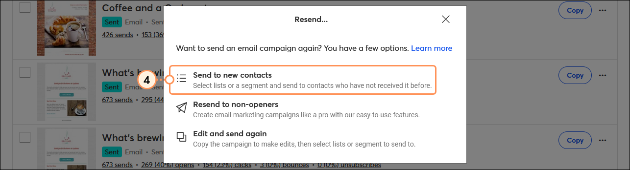 Resend... overlay with Send to new contacts option selected
