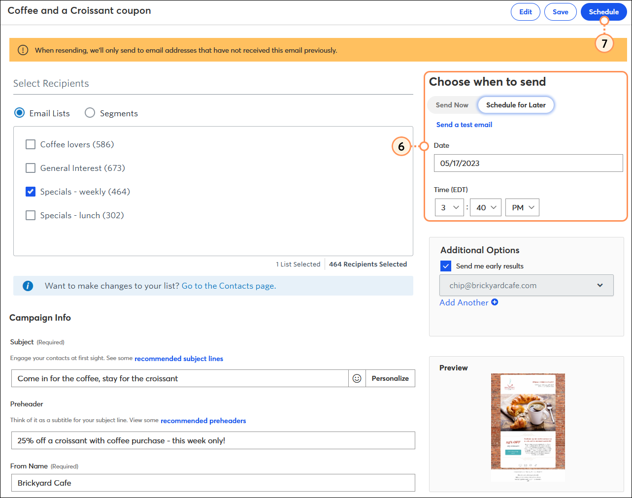Email Schedule page with Email Lists option selected, Choose when to send section with Schedule for Later toggle option selected, Date field, Time options, and Schedule button