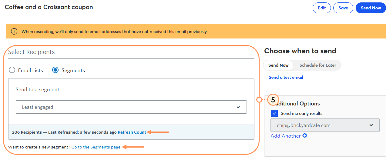 Email Schedule page with Select Recipients option selected, and Refresh Count link