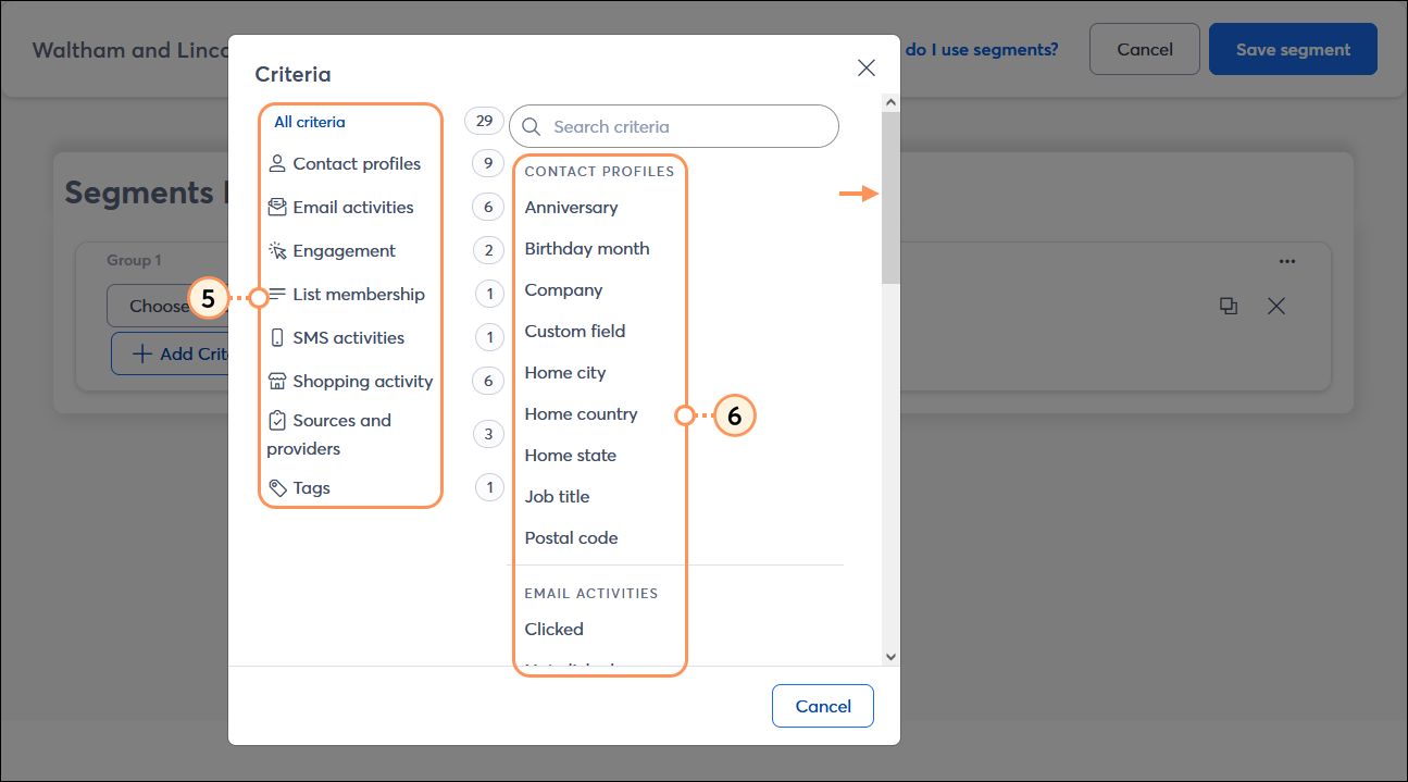 Criteria overlay with all criteria selected