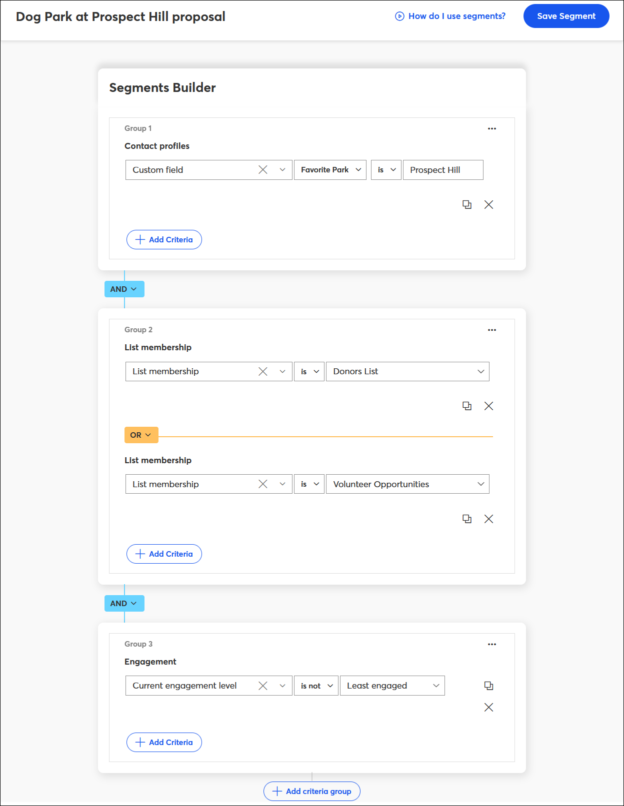 Creador de segmentos con campo Custom (Personalizar), Pertenencia a listas y criterios de Interacción 