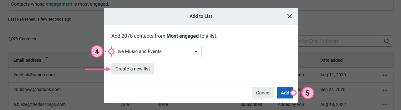 Add to List overlay, List drop-down menu, Create a new list button, and Add button
