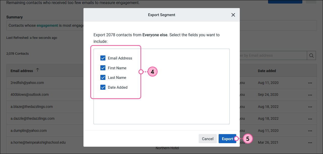 Export Segment overlay, contact field options, and Export button