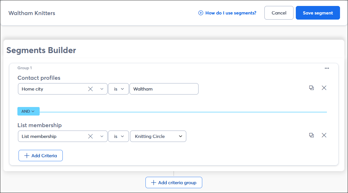 Segment Builder with Contact Details and List Membership criteria