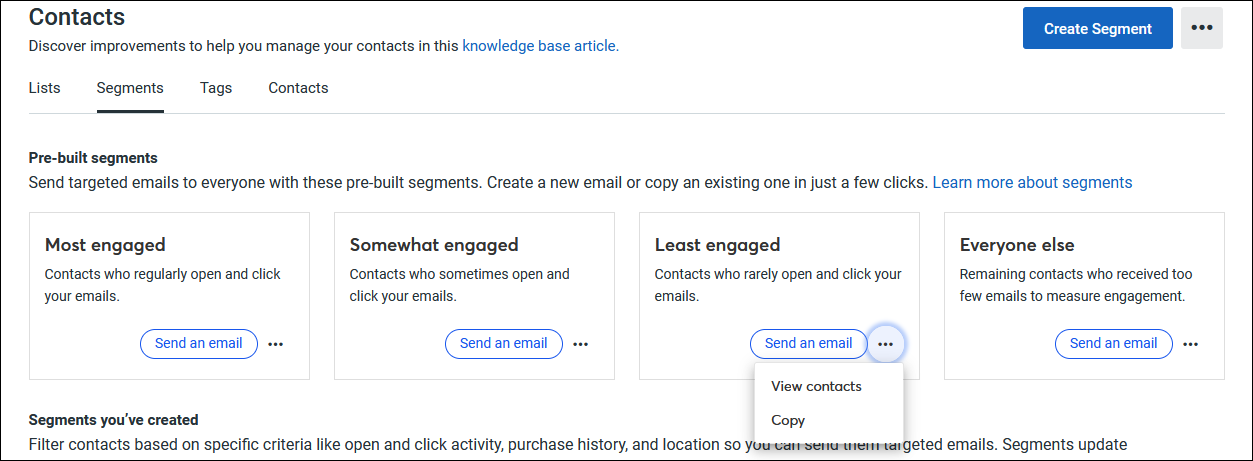 Contacts tab, Segments tab selected, Prebuilt segments section, and Least engaged section with menu expanded