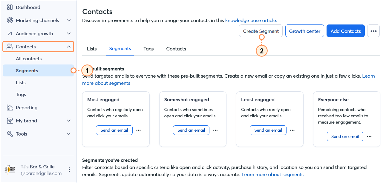 Contacts menu expanded with Contacts dashboard and Segment tab selected, and Create Segment button