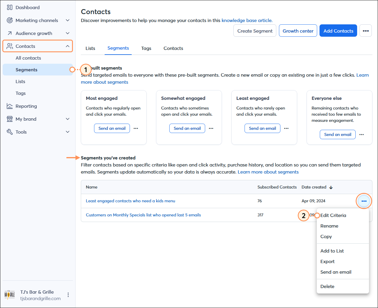 Contacts menu expanded with Segments option selected, Contacts dashboard with Segments tab selected, and Segments you've created section with segment menu expanded and Edit Criteria option selected