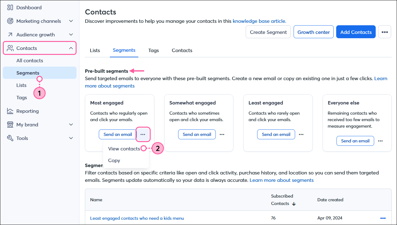 Contacts menu expanded and Segments option selected, Contacts dashboard with Segments tab selected, Pre-built segments section and Most engaged segment options menu expanded, and View contacts option selected