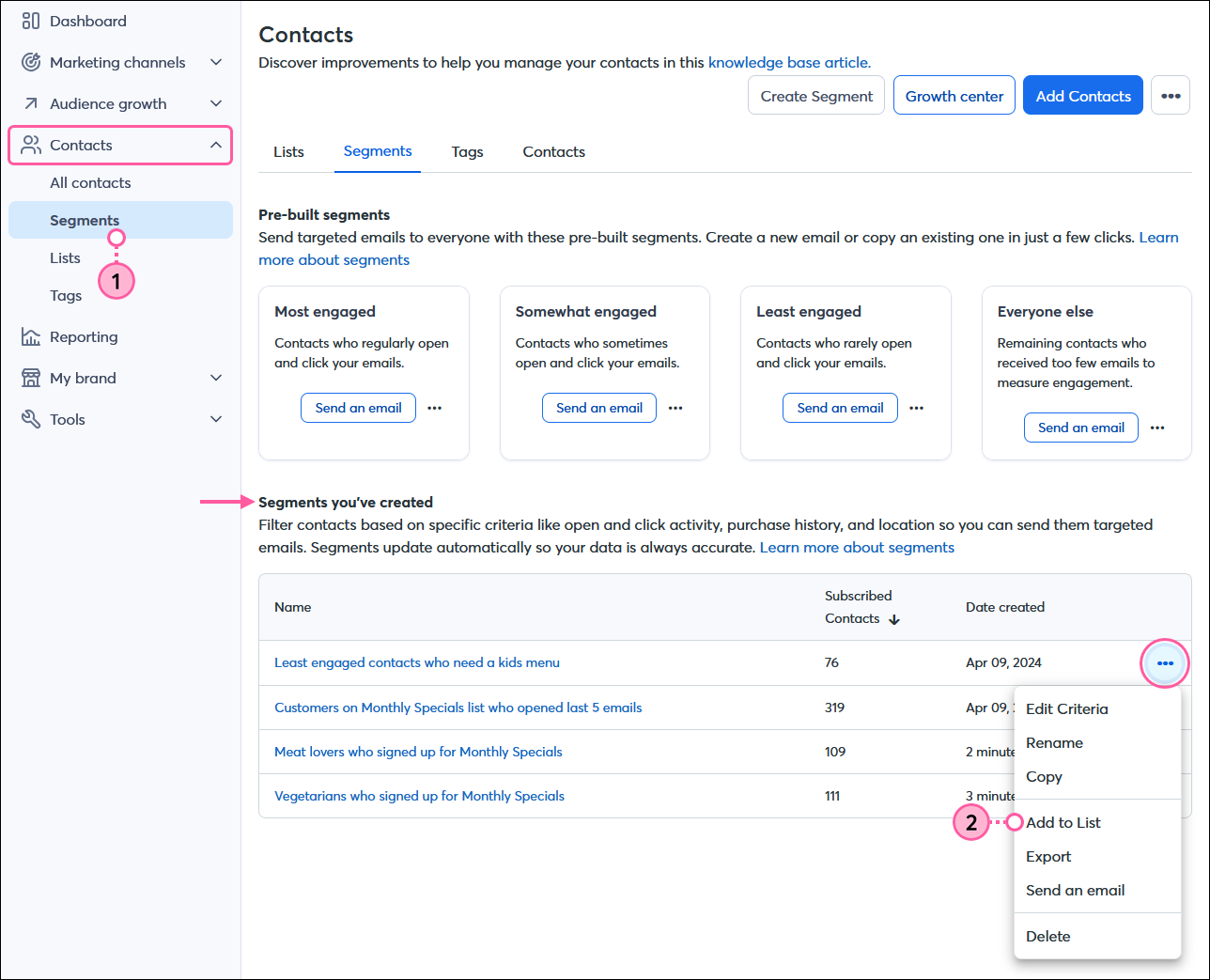 Contacts menu expanded and Segments option selected, Contacts dashboard with Segments tab selected, Segments you've created section with segment menu expanded and Add to List option selected