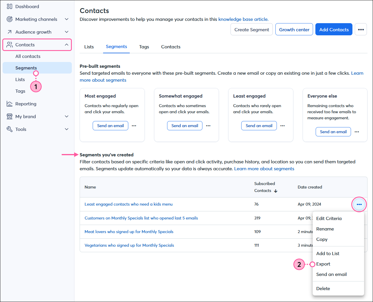 Contacts menu expanded and Segments option selected, Contacts dashboard with Segments tab selected, Segments you've created section with segment menu expanded and Export option selected