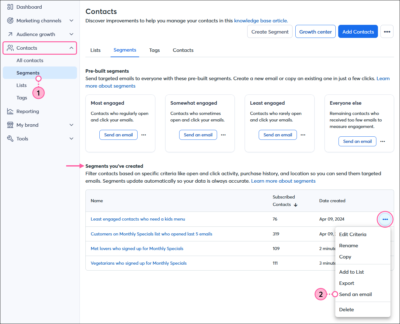 Contacts menu expanded and Segments option selected, Segments dashboard with Segments tab selected, Segments you've created section and segment drop-down menu expanded with Send an email option selected