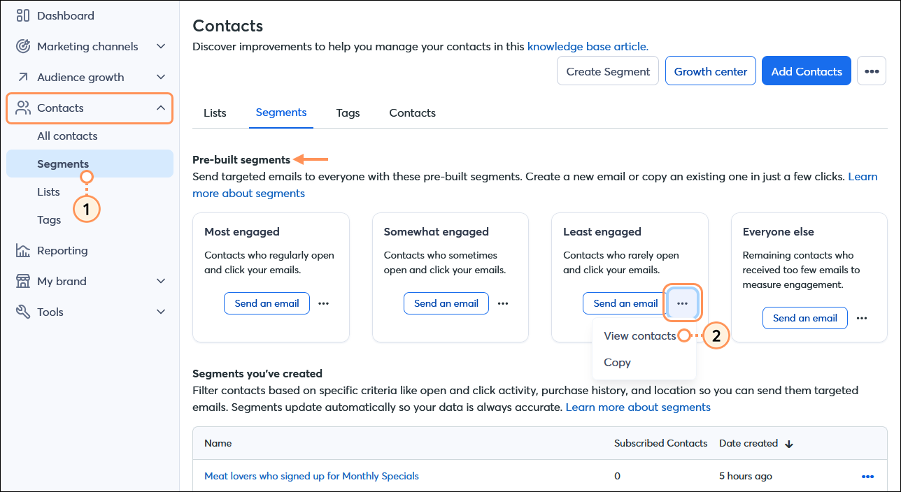 Contacts menu expanded with Segments option selected, Contacts dashboard with Segments tab selected, Pre-built segments section, Least engaged menu expanded and View contacts option
