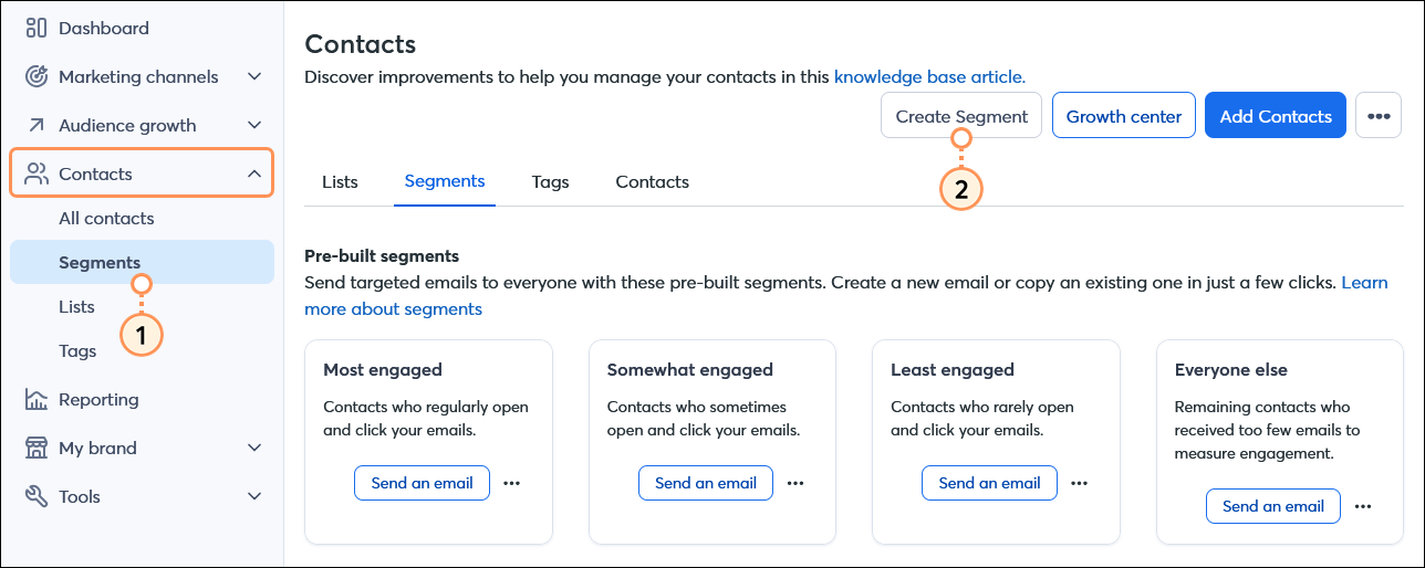 Contacts menu expanded with Segments option selected, Contacts dashboard with Segments tab selected, and Create Segment button