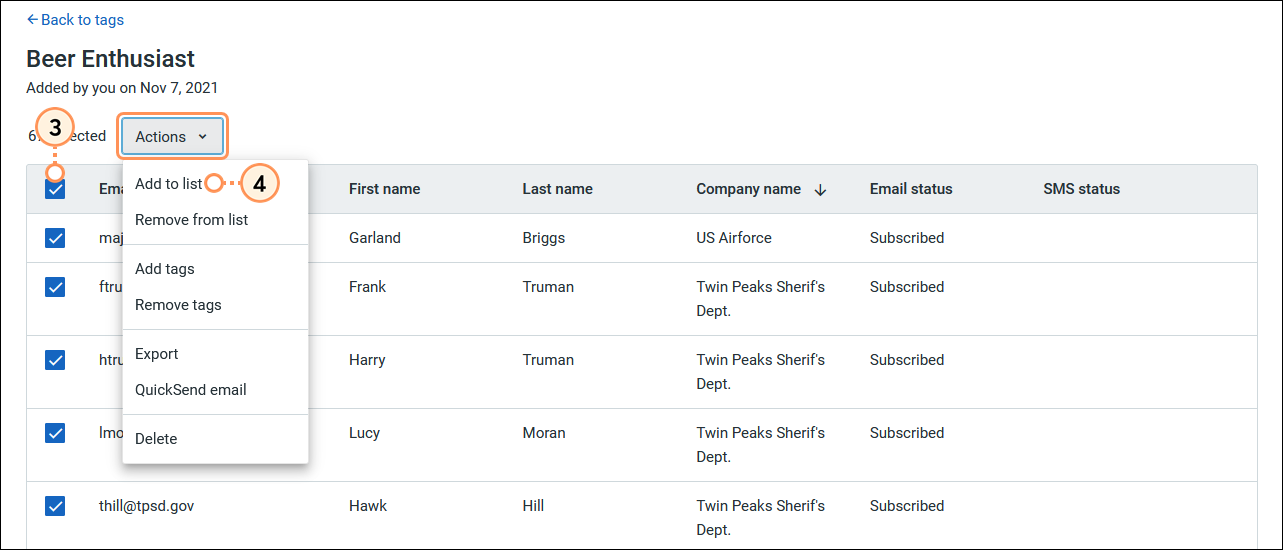 Tag view with all contacts selected, Actions drop-down menu expanded, and Add to list option
