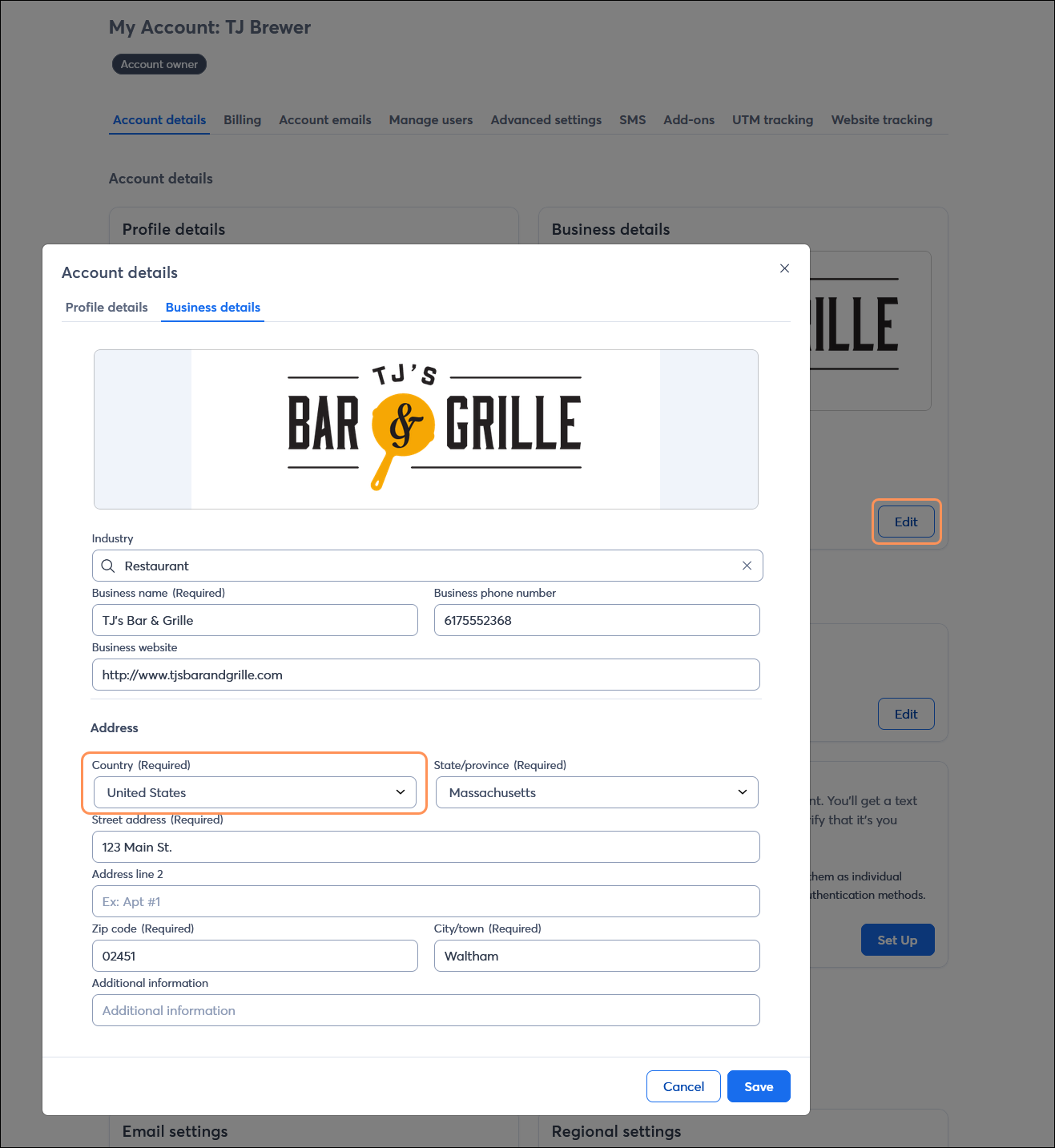 Organization Details with Country drop-down