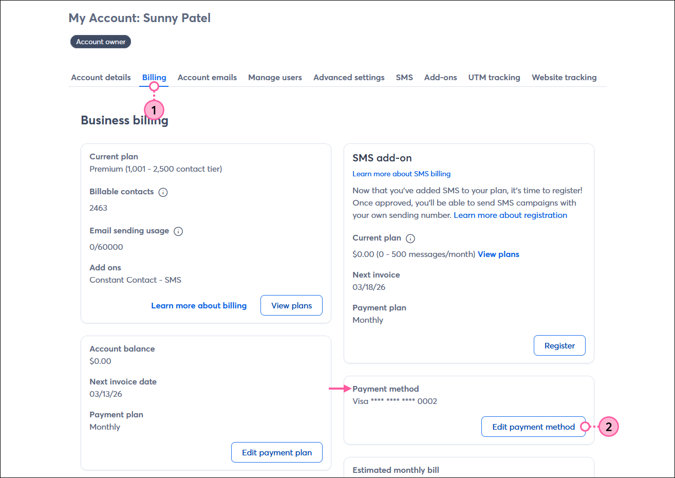 Account settings with Billing tab selected, Payment method section, and Edit payment method button