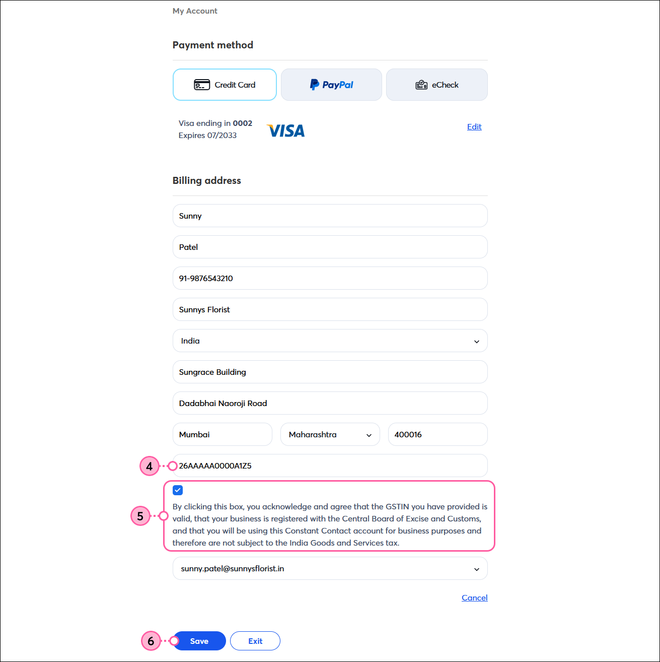 My Account page with Billing address fields, India Goods and Services ID field with GSTIN entered, GSTIN verification option, and Save button