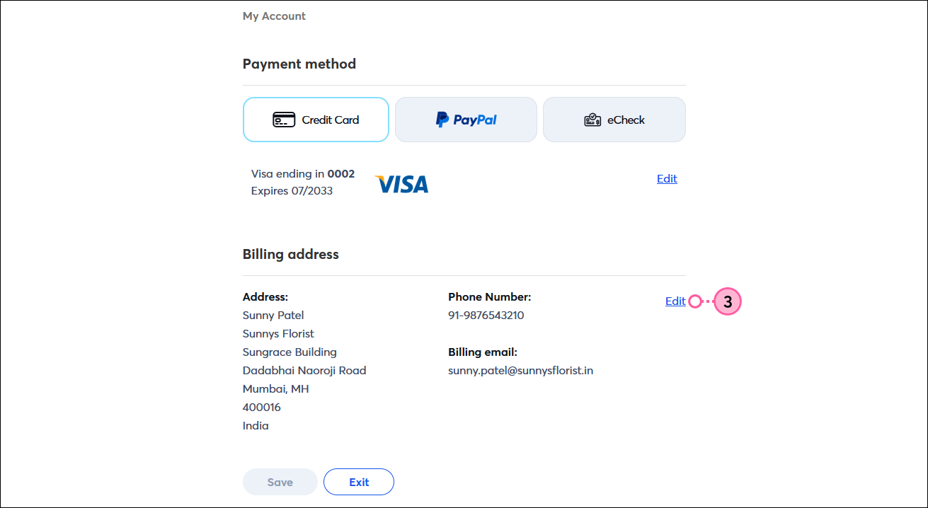 My Account page with Billing address section and Edit link