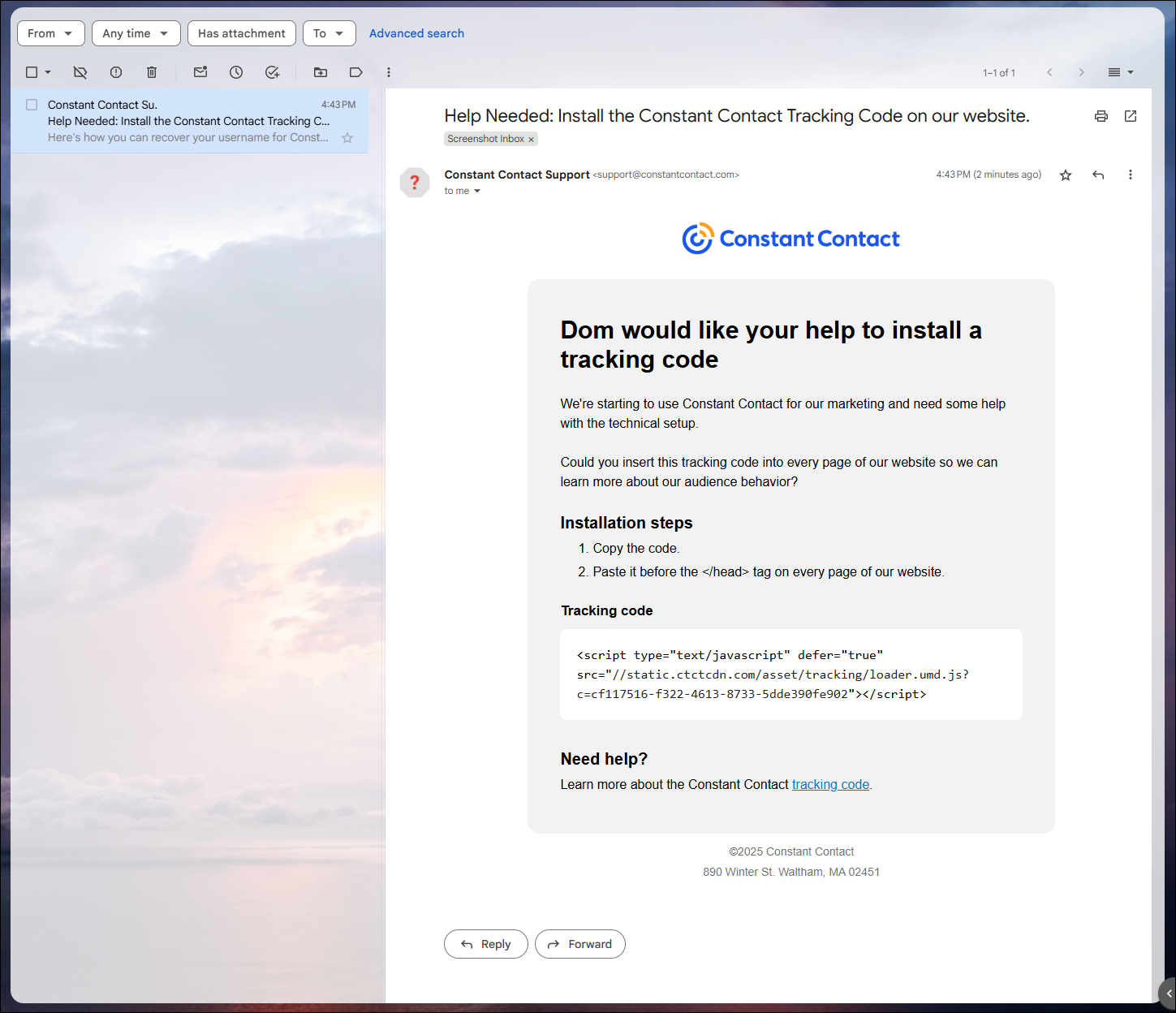 Inbox with example developer email with tracking code and install instructions