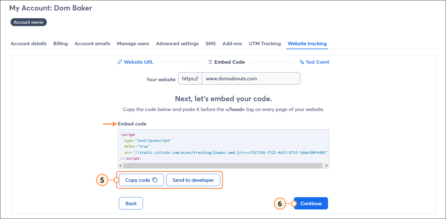 Account settings with Website tracking tab selected, Embed code with Copy code button and Send to developer button options, and Continue button