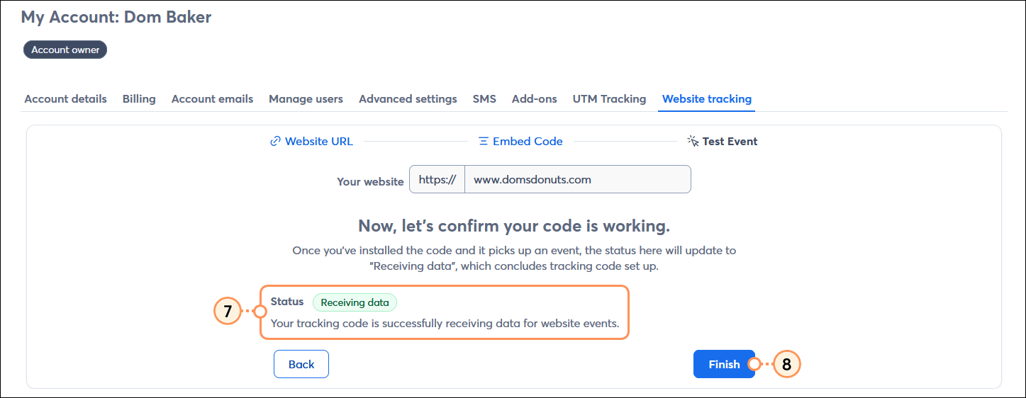 Account settings with Website tracking tab selected, Now let's confirm your code is working section with Status and Finish button