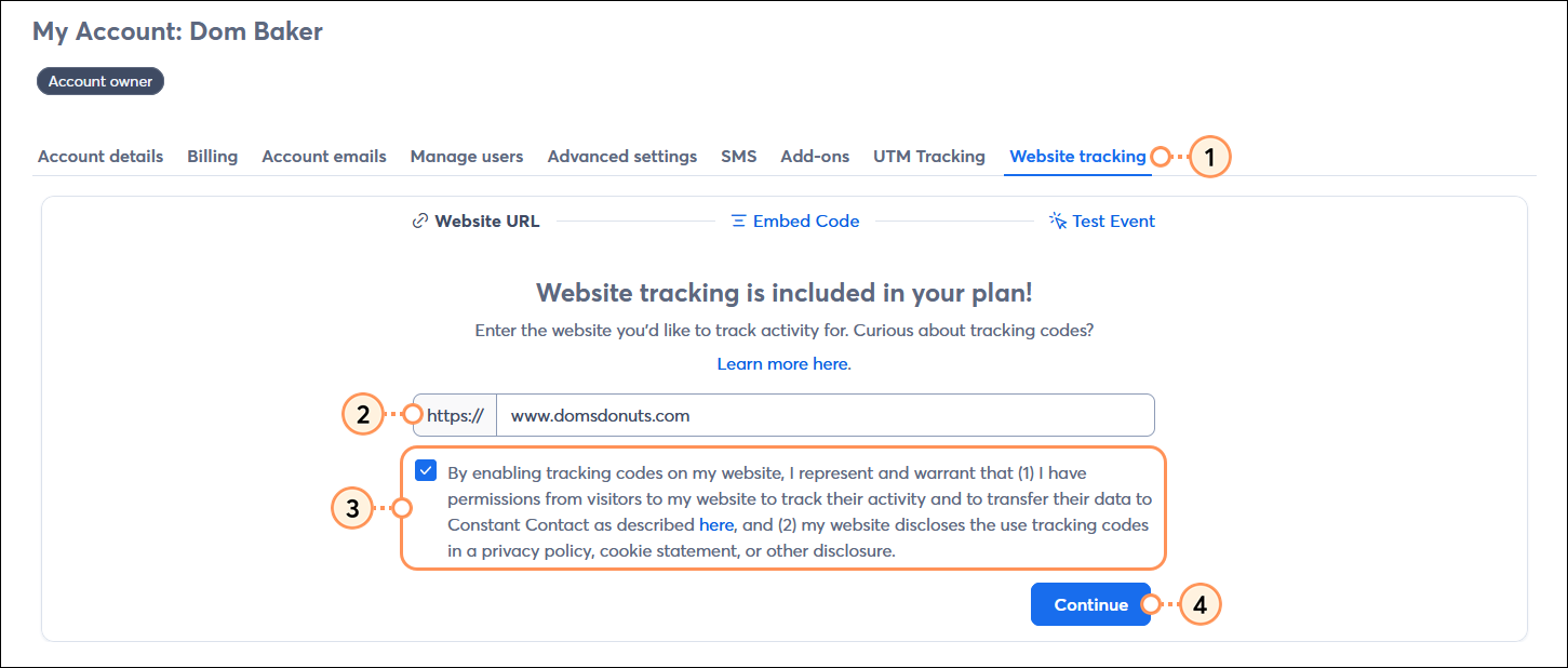 Account settings with Website tracking tab selected, URL field, tracking permission and privacy policy disclosure option, and Continue button