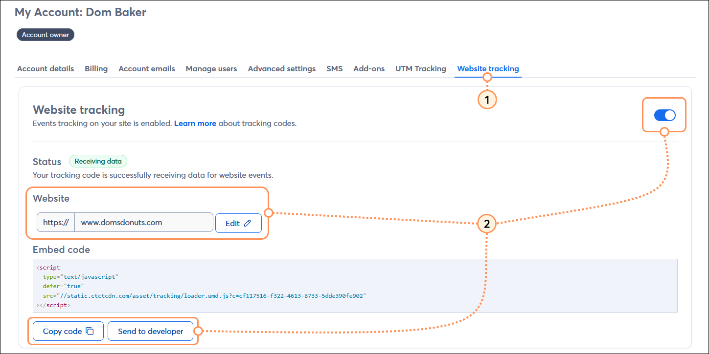 Account settings with Website tracking tab selected, Website tracking section with toggle enabled, Status section with Receiving data status, Website section with URL field and Edit button, and Embed code section with tracking code and Copy code button and Send to developer button