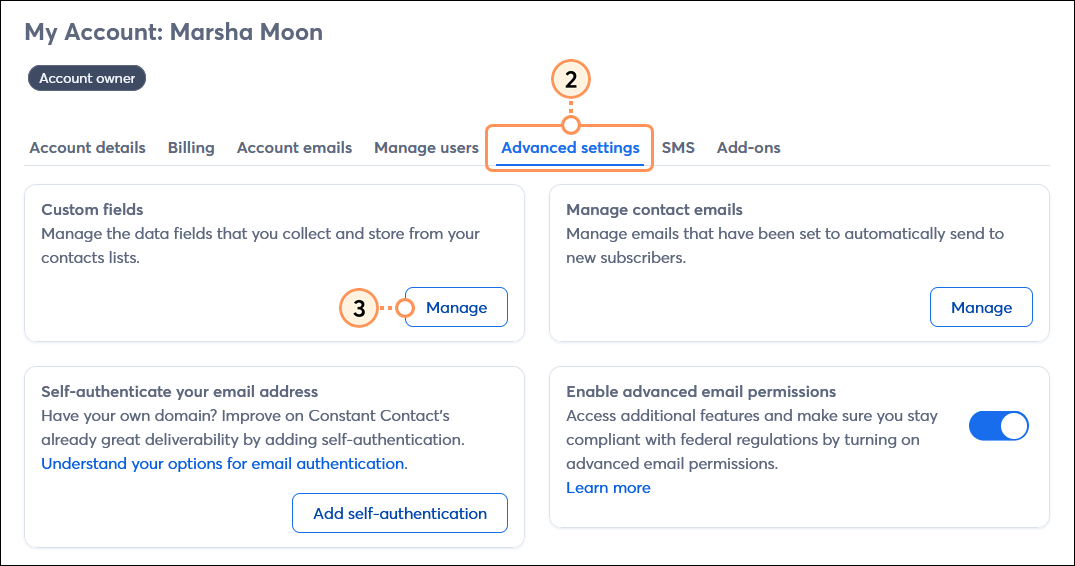 Account owner menu expanded and Account settings option selected, Account Settings page with Advanced Settings tab selected, Custom Fields section, and Manage button