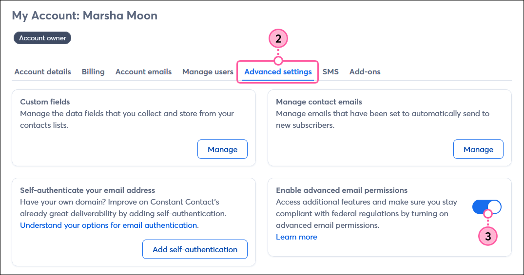 Account owner menu with Account settings option selected, My Account page with Advanced settings tab selected, and Enable advanced email permissions section with toggle enabled