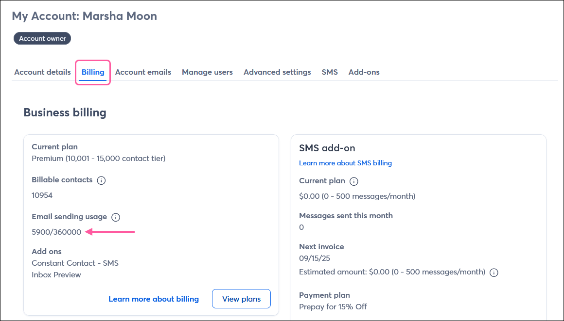 Profile name dropdown, My Account option, Billing tab, and Email sending usage