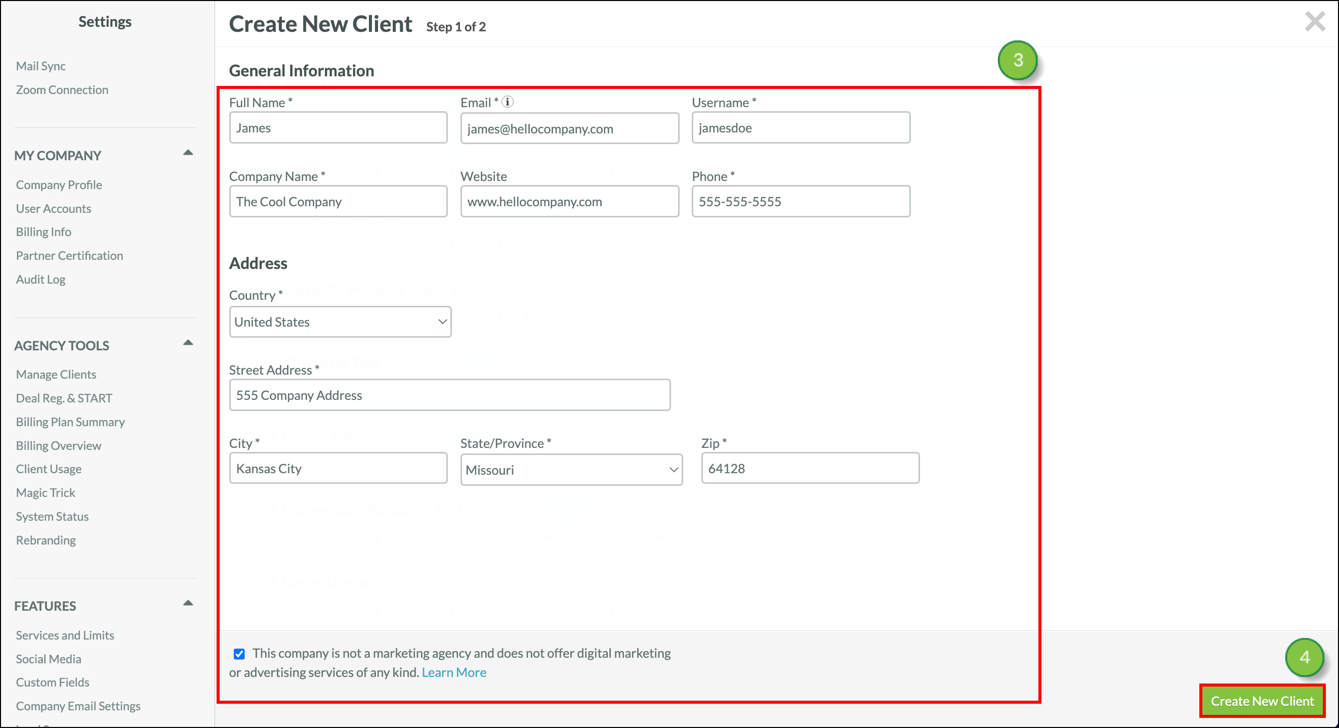 Fill out the form and click Create New Client